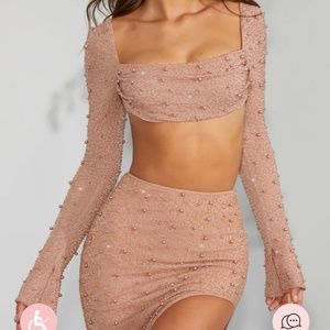 Oh Polly embellished maxi skirt and embellished cowl neck crop top in beige